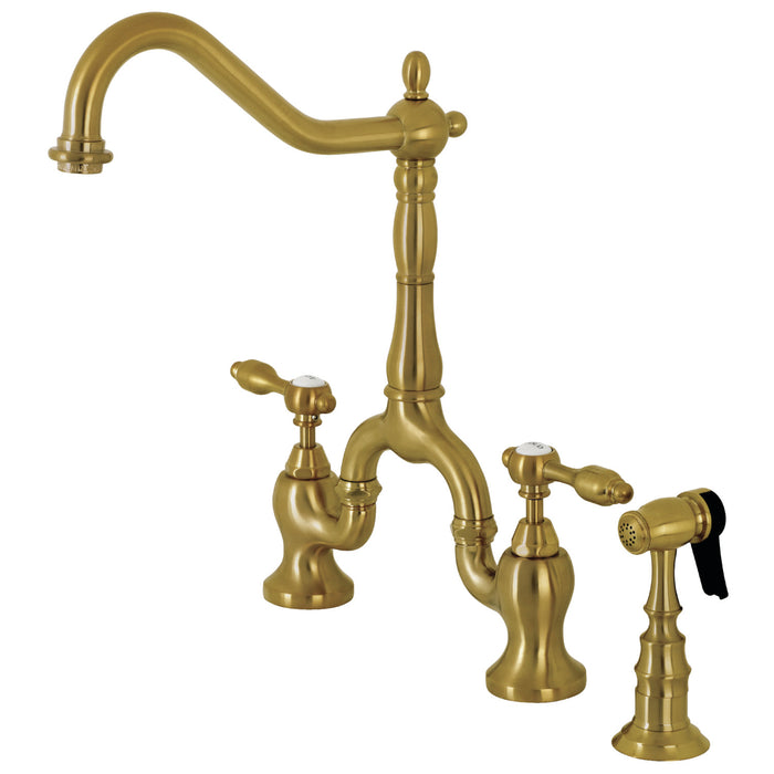 Tudor KS7757TALBS Two-Handle 3-Hole Deck Mount Bridge Kitchen Faucet with Brass Side Sprayer, Brushed Brass