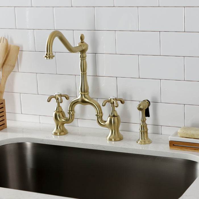 Kingston Heirloom KS7757TXBS - French Country Two-Handle 3-Hole Deck Mount Bridge Kitchen Faucet with Brass Sprayer, Brushed Brass