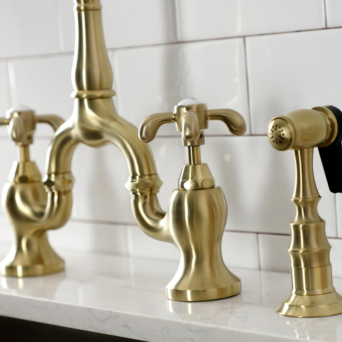 Kingston Heirloom KS7757TXBS - French Country Two-Handle 3-Hole Deck Mount Bridge Kitchen Faucet with Brass Sprayer, Brushed Brass