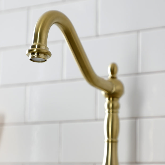 Kingston Heirloom KS7757TXBS - French Country Two-Handle 3-Hole Deck Mount Bridge Kitchen Faucet with Brass Sprayer, Brushed Brass