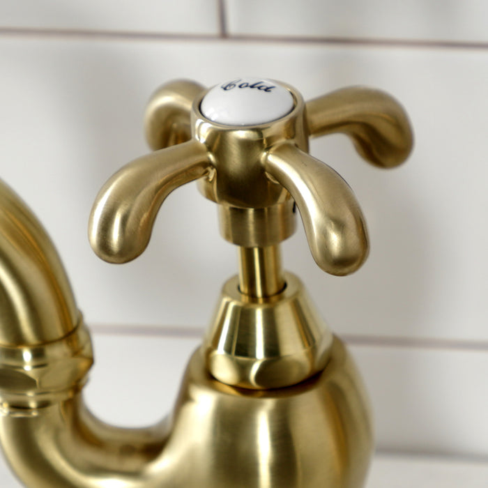 Kingston Heirloom KS7757TXBS - French Country Two-Handle 3-Hole Deck Mount Bridge Kitchen Faucet with Brass Sprayer, Brushed Brass