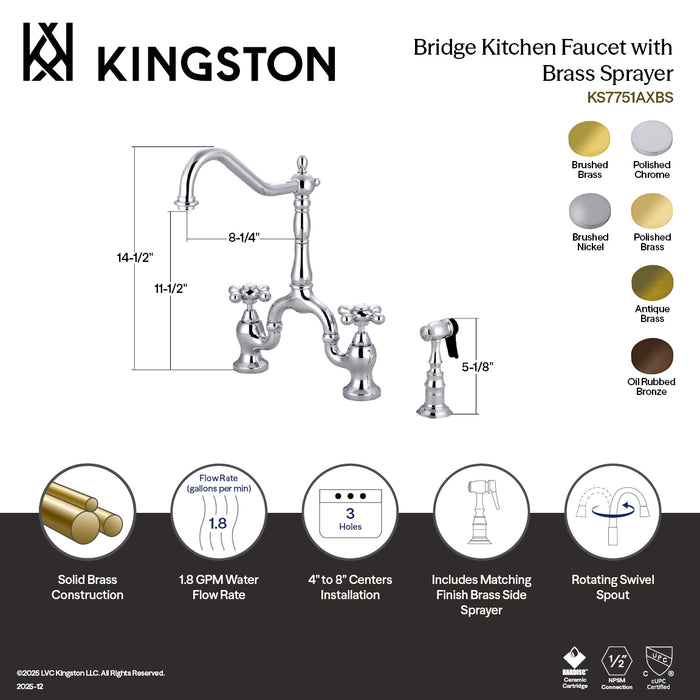Kingston Heirloom KS7758AXBS - English Country Two-Handle 3-Hole Deck Mount Bridge Kitchen Faucet with Brass Sprayer, Brushed Nickel