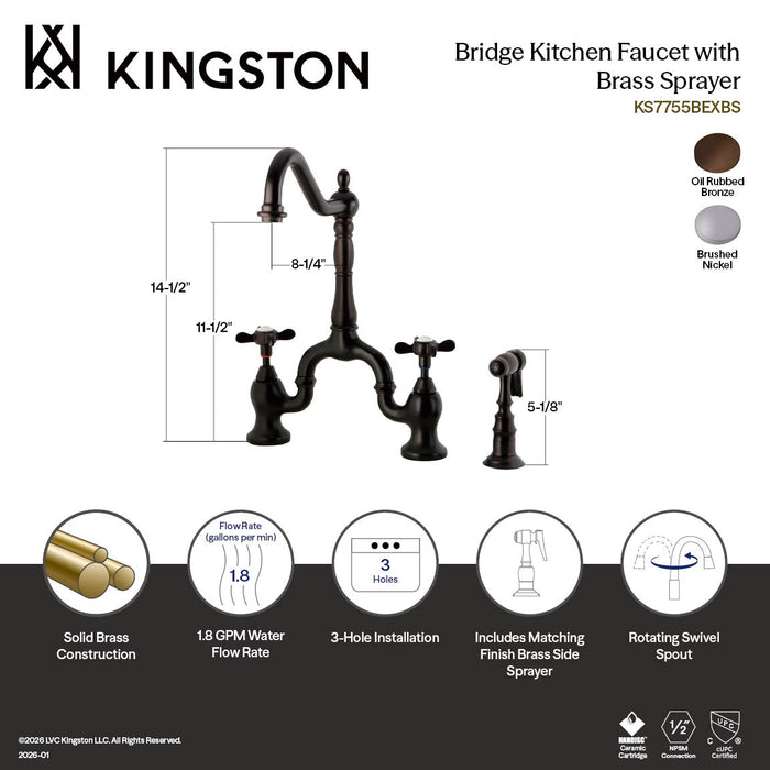 Kingston Heirloom KS7758BEXBS - Essex Two-Handle 3-Hole Deck Mount Bridge Kitchen Faucet with Brass Sprayer, Brushed Nickel