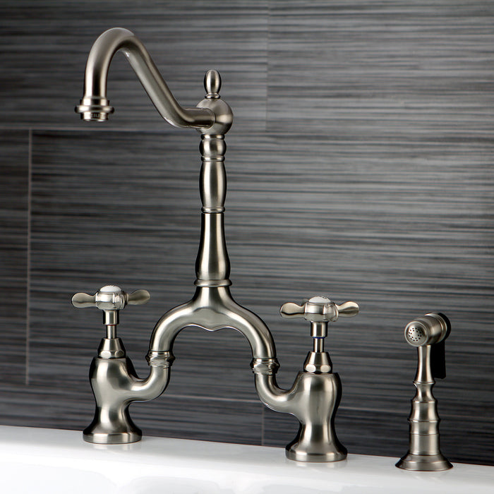Kingston Heirloom KS7758BEXBS - Essex Two-Handle 3-Hole Deck Mount Bridge Kitchen Faucet with Brass Sprayer, Brushed Nickel