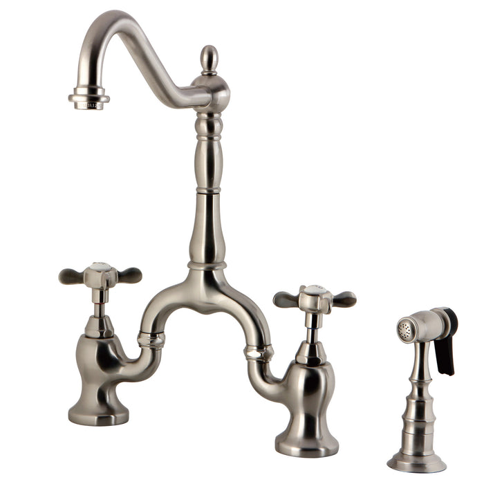 Kingston Heirloom KS7758BEXBS - Essex Two-Handle 3-Hole Deck Mount Bridge Kitchen Faucet with Brass Sprayer, Brushed Nickel