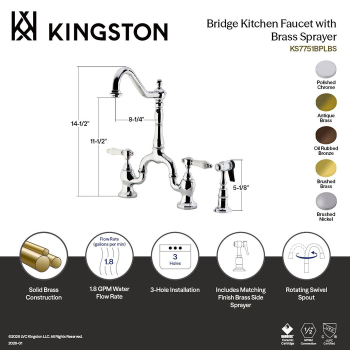 Kingston Heirloom KS7758BPLBS - Bel-Air Two-Handle 3-Hole Deck Mount Bridge Kitchen Faucet with Brass Sprayer, Brushed Nickel