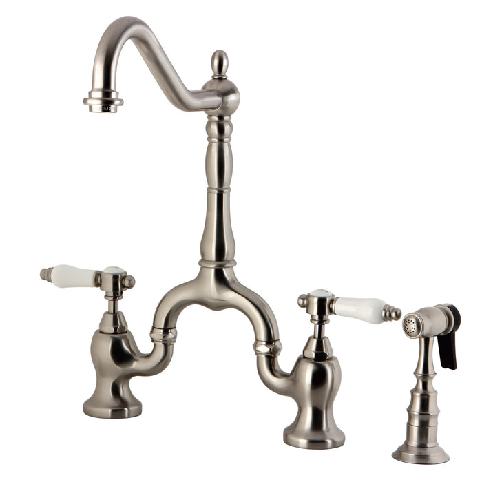 Kingston Heirloom KS7758BPLBS - Bel-Air Two-Handle 3-Hole Deck Mount Bridge Kitchen Faucet with Brass Sprayer, Brushed Nickel