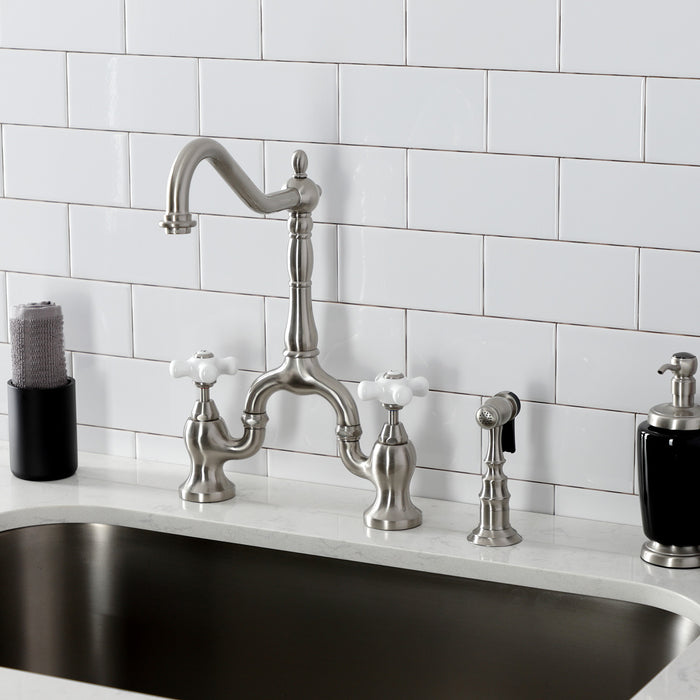 Kingston Heirloom KS7758PXBS - English Country Two-Handle 3-Hole Deck Mount Bridge Kitchen Faucet with Brass Sprayer, Brushed Nickel