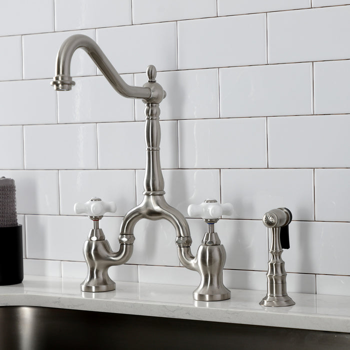 Kingston Heirloom KS7758PXBS - English Country Two-Handle 3-Hole Deck Mount Bridge Kitchen Faucet with Brass Sprayer, Brushed Nickel