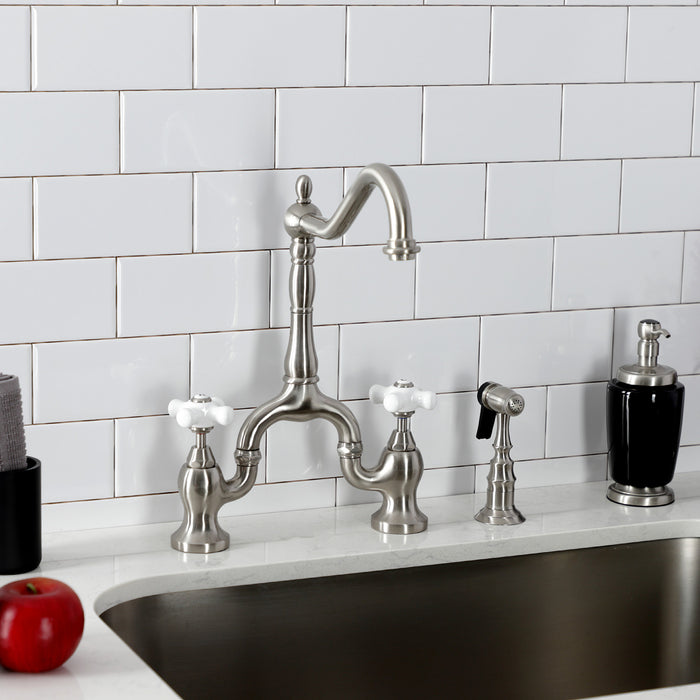 Kingston Heirloom KS7758PXBS - English Country Two-Handle 3-Hole Deck Mount Bridge Kitchen Faucet with Brass Sprayer, Brushed Nickel