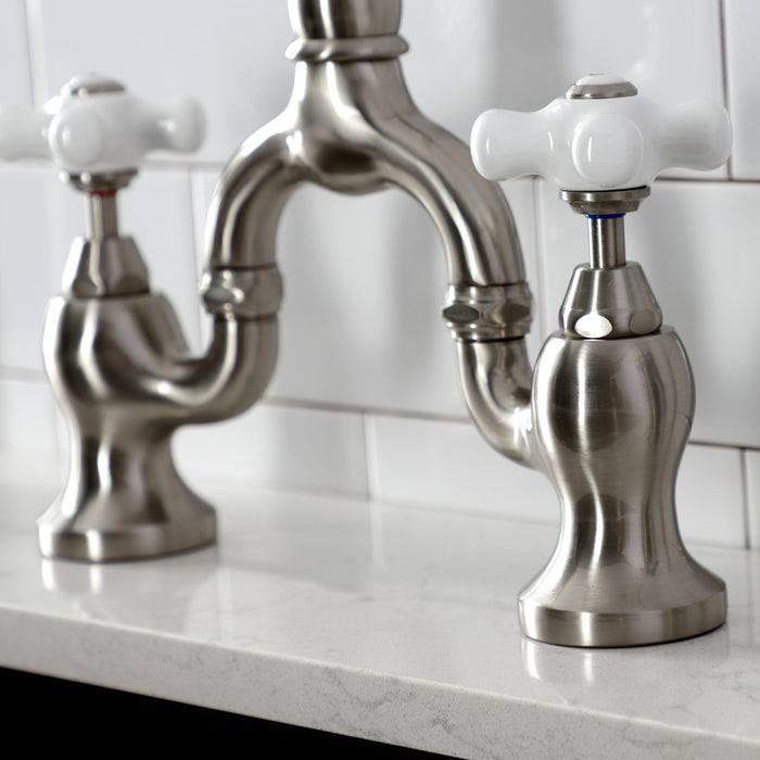 Kingston Heirloom KS7758PXBS - English Country Two-Handle 3-Hole Deck Mount Bridge Kitchen Faucet with Brass Sprayer, Brushed Nickel