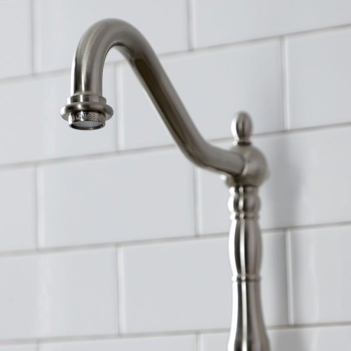 Kingston Heirloom KS7758PXBS - English Country Two-Handle 3-Hole Deck Mount Bridge Kitchen Faucet with Brass Sprayer, Brushed Nickel