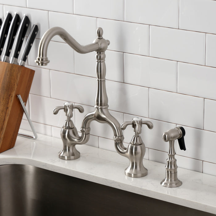 Kingston Heirloom KS7758TXBS - French Country Two-Handle 3-Hole Deck Mount Bridge Kitchen Faucet with Brass Sprayer, Brushed Nickel