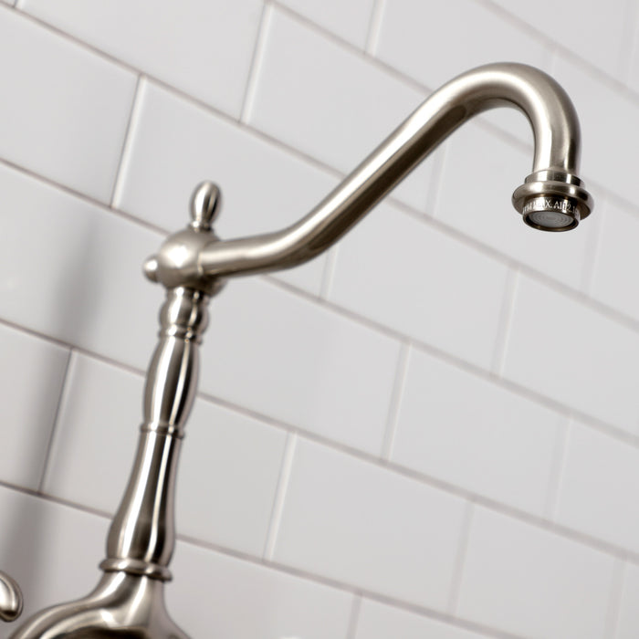 Kingston Heirloom KS7758TXBS - French Country Two-Handle 3-Hole Deck Mount Bridge Kitchen Faucet with Brass Sprayer, Brushed Nickel
