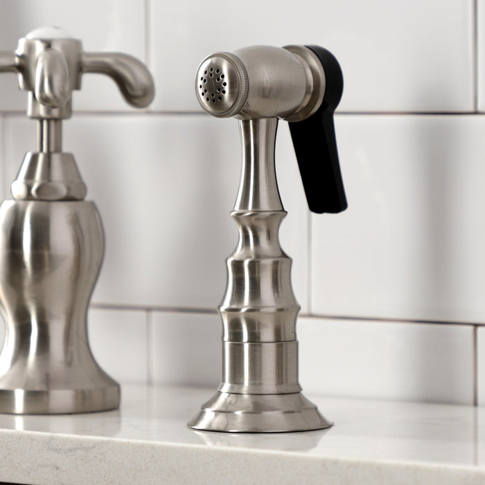 Kingston Heirloom KS7758TXBS - French Country Two-Handle 3-Hole Deck Mount Bridge Kitchen Faucet with Brass Sprayer, Brushed Nickel