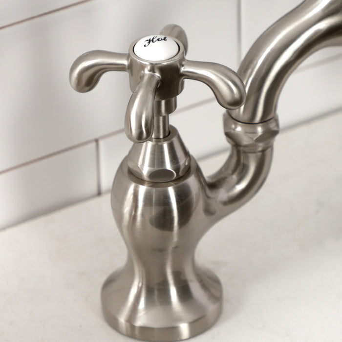 Kingston Heirloom KS7758TXBS - French Country Two-Handle 3-Hole Deck Mount Bridge Kitchen Faucet with Brass Sprayer, Brushed Nickel