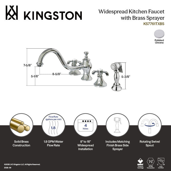 Kingston Heirloom KS7761TXBS - French Country Double-Handle 4-Hole Widespread Kitchen Faucet with Brass Sprayer, Polished Chrome
