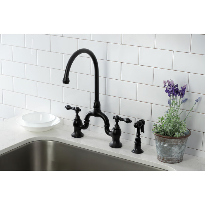English Country KS7790ALBS Two-Handle 3-Hole Deck Mount Bridge Kitchen Faucet with Brass Side Sprayer, Matte Black