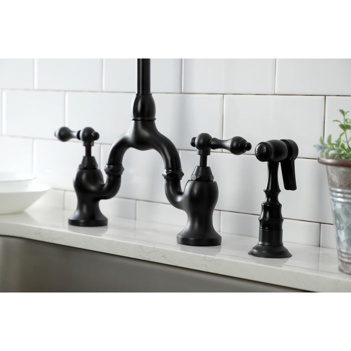 English Country KS7790ALBS Two-Handle 3-Hole Deck Mount Bridge Kitchen Faucet with Brass Side Sprayer, Matte Black