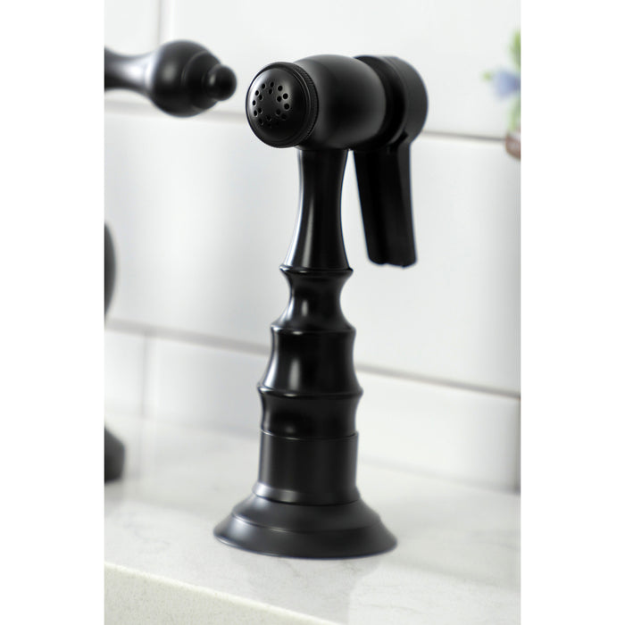 English Country KS7790ALBS Two-Handle 3-Hole Deck Mount Bridge Kitchen Faucet with Brass Side Sprayer, Matte Black