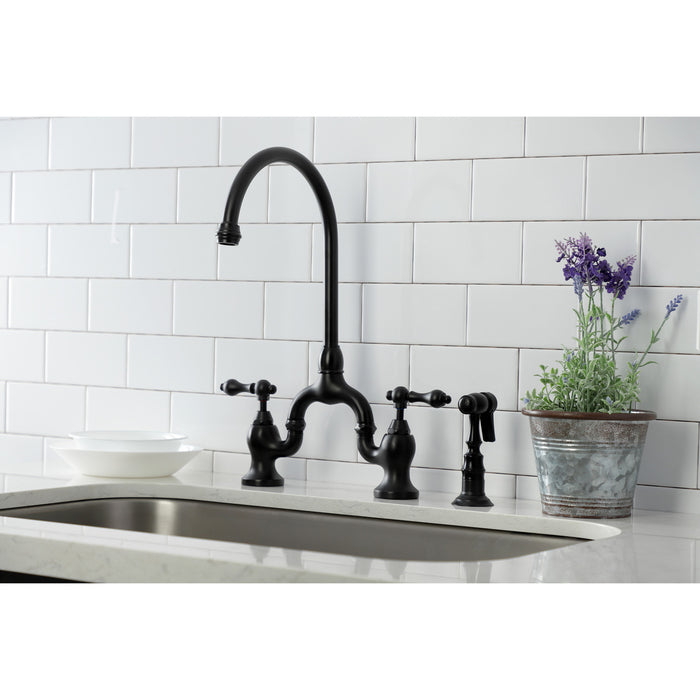 English Country KS7790ALBS Two-Handle 3-Hole Deck Mount Bridge Kitchen Faucet with Brass Side Sprayer, Matte Black