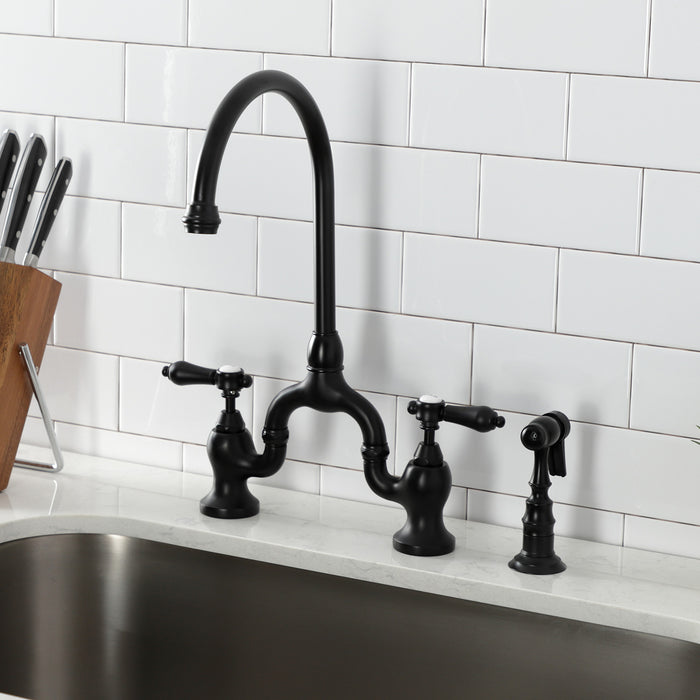 Kingston Heirloom KS7790BALBS - Heirloom Two-Handle 3-Hole Deck Mount Bridge Kitchen Faucet with Brass Sprayer, Matte Black