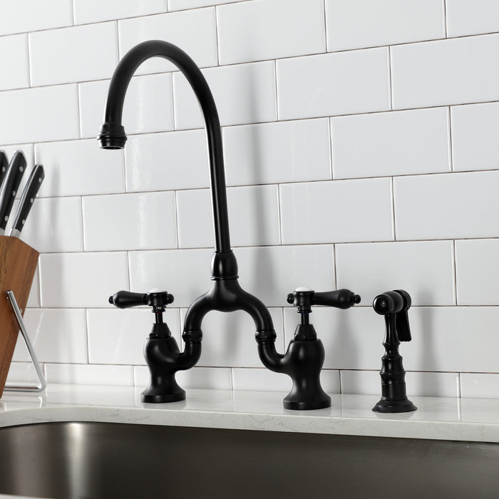 Kingston Heirloom KS7790BALBS - Heirloom Two-Handle 3-Hole Deck Mount Bridge Kitchen Faucet with Brass Sprayer, Matte Black