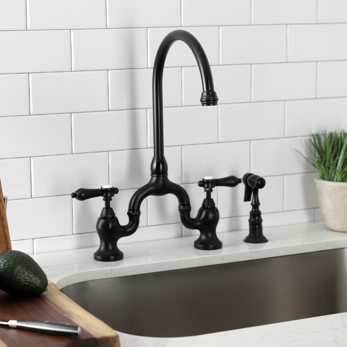 Kingston Heirloom KS7790BALBS - Heirloom Two-Handle 3-Hole Deck Mount Bridge Kitchen Faucet with Brass Sprayer, Matte Black