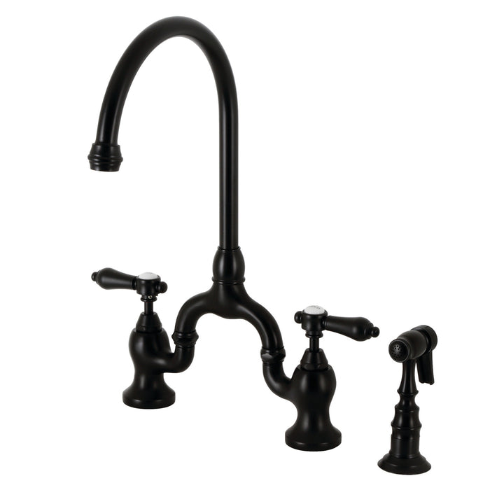 Kingston Heirloom KS7790BALBS - Heirloom Two-Handle 3-Hole Deck Mount Bridge Kitchen Faucet with Brass Sprayer, Matte Black