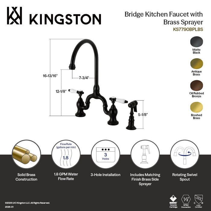 Kingston Heirloom KS7790BPLBS - Bel-Air Two-Handle 3-Hole Deck Mount Bridge Kitchen Faucet with Brass Sprayer, Matte Black