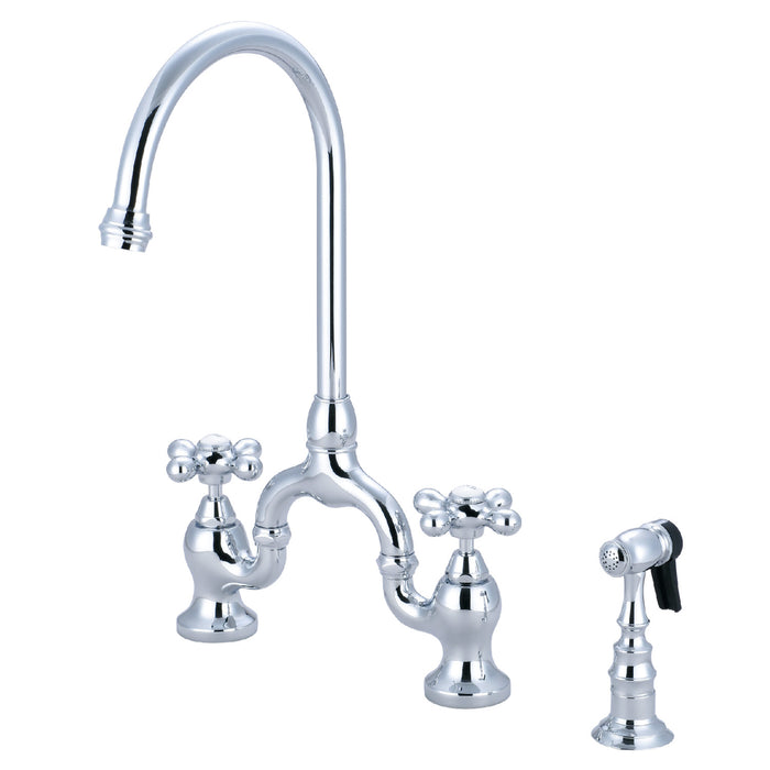 Kingston Heirloom KS7791AXBS - English Country Two-Handle 3-Hole Deck Mount Bridge Kitchen Faucet with Brass Sprayer, Polished Chrome