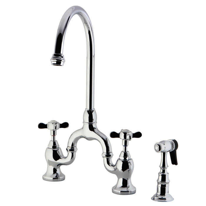 Kingston Heirloom KS7791BEXBS - Essex Two-Handle 3-Hole Deck Mount Bridge Kitchen Faucet with Brass Sprayer, Polished Chrome
