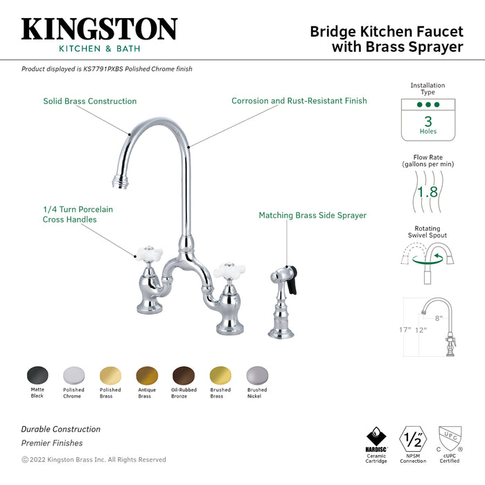 Kingston Heirloom KS7791PXBS - English Country Two-Handle 3-Hole Deck Mount Bridge Kitchen Faucet with Brass Sprayer, Polished Chrome