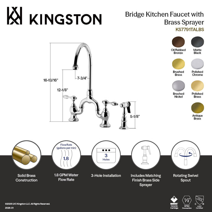 Kingston Heirloom KS7791TALBS - Tudor Two-Handle 3-Hole Deck Mount Bridge Kitchen Faucet with Brass Sprayer, Polished Chrome