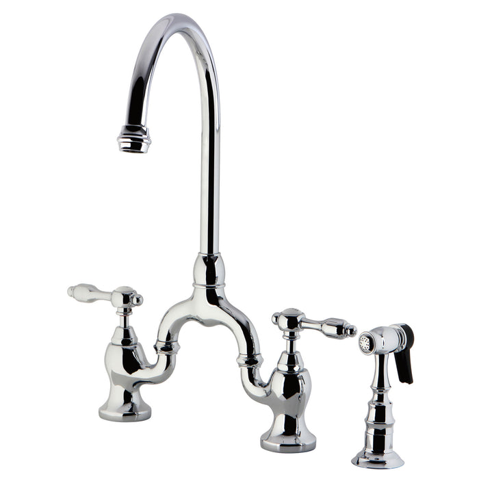 Kingston Heirloom KS7791TALBS - Tudor Two-Handle 3-Hole Deck Mount Bridge Kitchen Faucet with Brass Sprayer, Polished Chrome