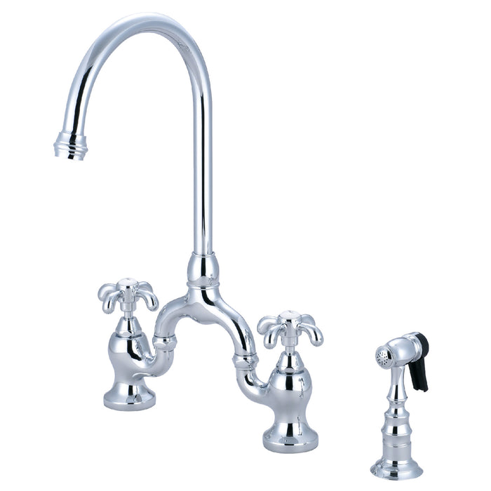 Kingston Heirloom KS7791TXBS - French Country Two-Handle 3-Hole Deck Mount Bridge Kitchen Faucet with Brass Sprayer, Polished Chrome