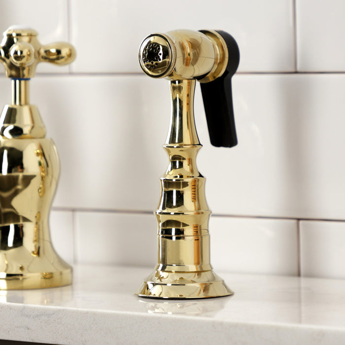 Kingston Heirloom KS7792AXBS - English Country Two-Handle 3-Hole Deck Mount Bridge Kitchen Faucet with Brass Sprayer, Polished Brass