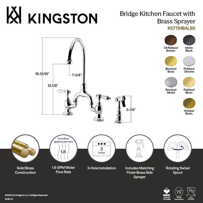 Kingston Heirloom KS7792BALBS - Heirloom Two-Handle 3-Hole Deck Mount Bridge Kitchen Faucet with Brass Sprayer, Polished Brass