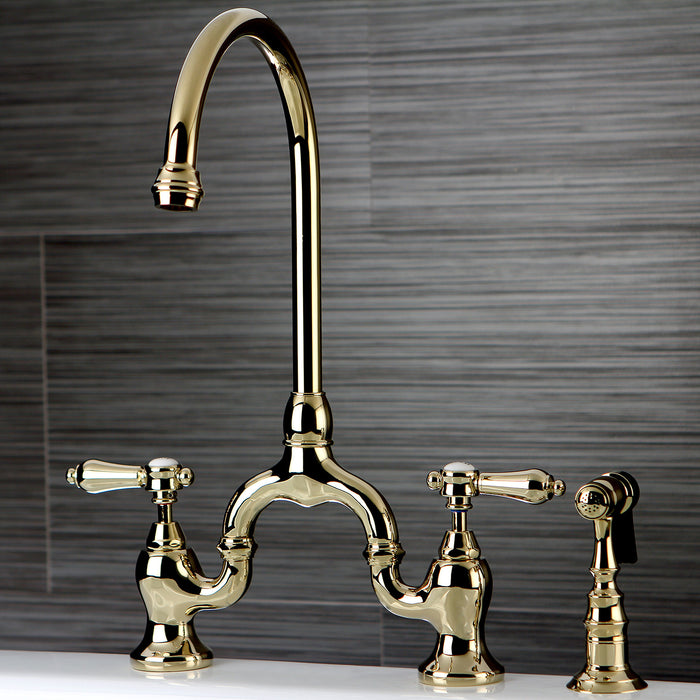 Heirloom KS7792BALBS Two-Handle 3-Hole Deck Mount Bridge Kitchen Faucet with Brass Side Sprayer, Polished Brass