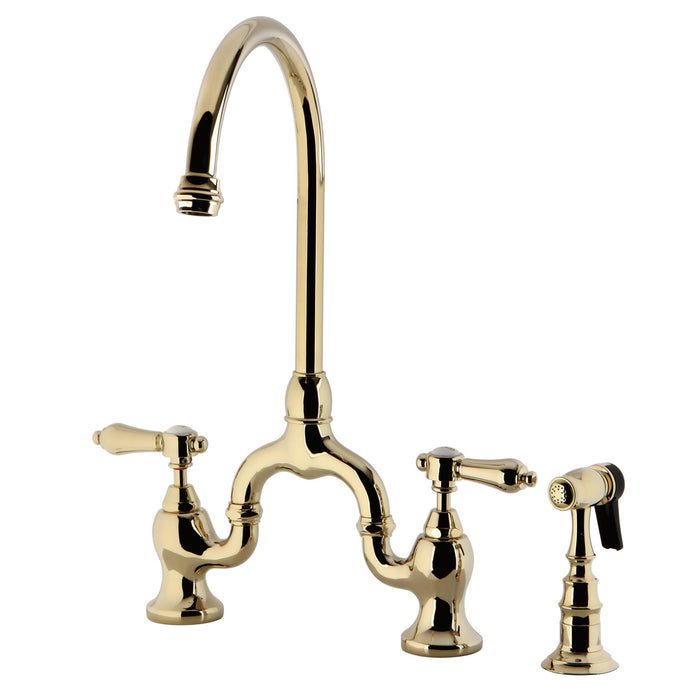 Heirloom KS7792BALBS Two-Handle 3-Hole Deck Mount Bridge Kitchen Faucet with Brass Side Sprayer, Polished Brass
