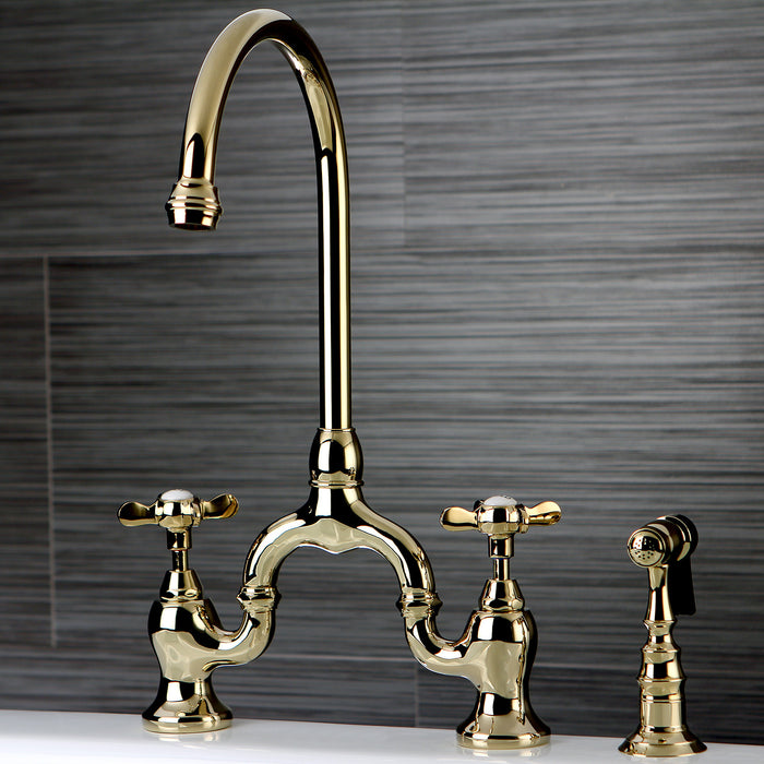 Kingston Heirloom KS7792BEXBS - Essex Two-Handle 3-Hole Deck Mount Bridge Kitchen Faucet with Brass Sprayer, Polished Brass