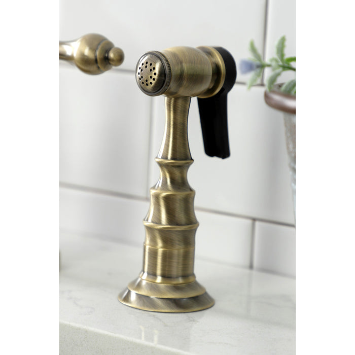 Kingston Heirloom KS7793ALBS - English Country Two-Handle 3-Hole Deck Mount Bridge Kitchen Faucet with Brass Sprayer, Antique Brass