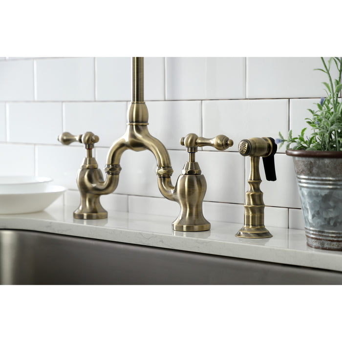 Kingston Heirloom KS7793ALBS - English Country Two-Handle 3-Hole Deck Mount Bridge Kitchen Faucet with Brass Sprayer, Antique Brass