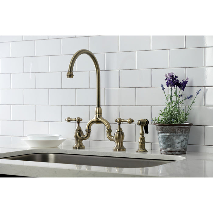 Kingston Heirloom KS7793ALBS - English Country Two-Handle 3-Hole Deck Mount Bridge Kitchen Faucet with Brass Sprayer, Antique Brass