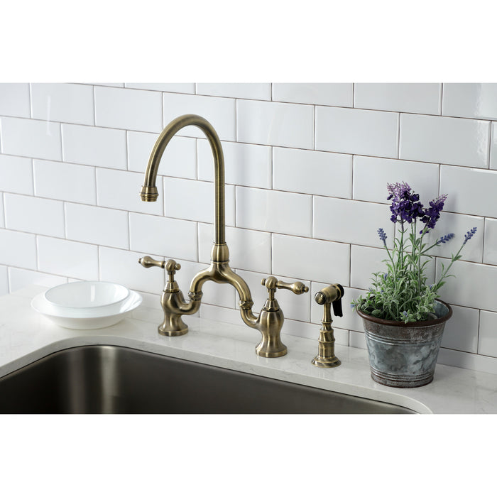 Kingston Heirloom KS7793ALBS - English Country Two-Handle 3-Hole Deck Mount Bridge Kitchen Faucet with Brass Sprayer, Antique Brass
