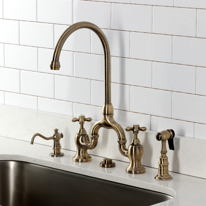 Kingston Heirloom KS7793AXBS - English Country Two-Handle 3-Hole Deck Mount Bridge Kitchen Faucet with Brass Sprayer, Antique Brass