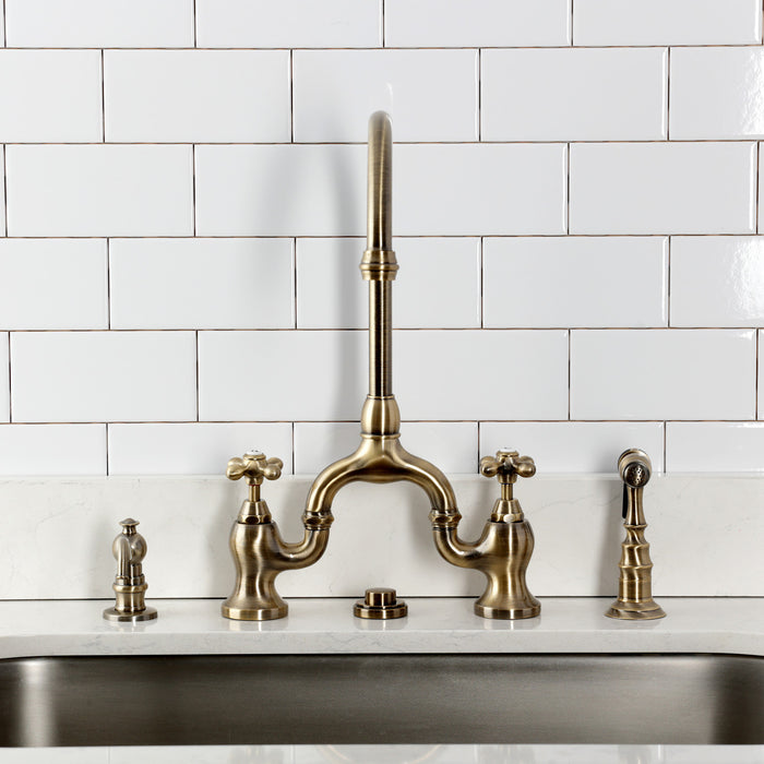 Kingston Heirloom KS7793AXBS - English Country Two-Handle 3-Hole Deck Mount Bridge Kitchen Faucet with Brass Sprayer, Antique Brass