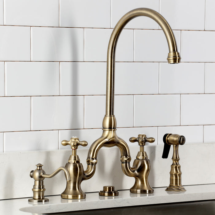 Kingston Heirloom KS7793AXBS - English Country Two-Handle 3-Hole Deck Mount Bridge Kitchen Faucet with Brass Sprayer, Antique Brass