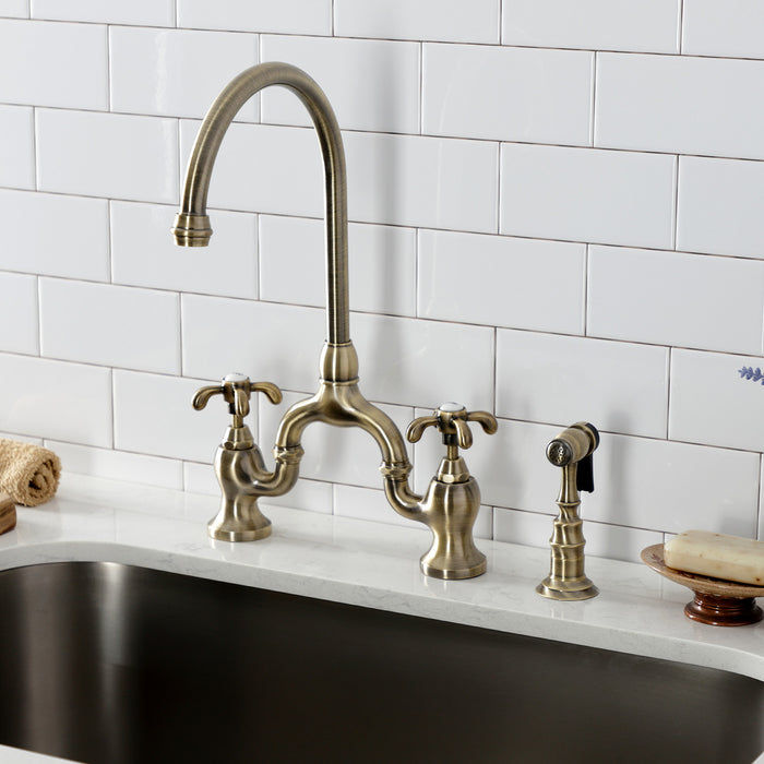 Kingston Heirloom KS7793TXBS - French Country Two-Handle 3-Hole Deck Mount Bridge Kitchen Faucet with Brass Sprayer, Antique Brass