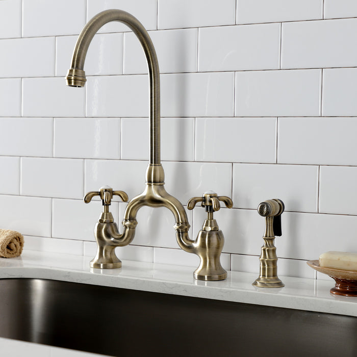 Kingston Heirloom KS7793TXBS - French Country Two-Handle 3-Hole Deck Mount Bridge Kitchen Faucet with Brass Sprayer, Antique Brass
